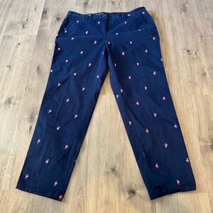 Talbots Navy Blue Relaxed Chino Pants with Pink Flamingo Embroidery Size 12